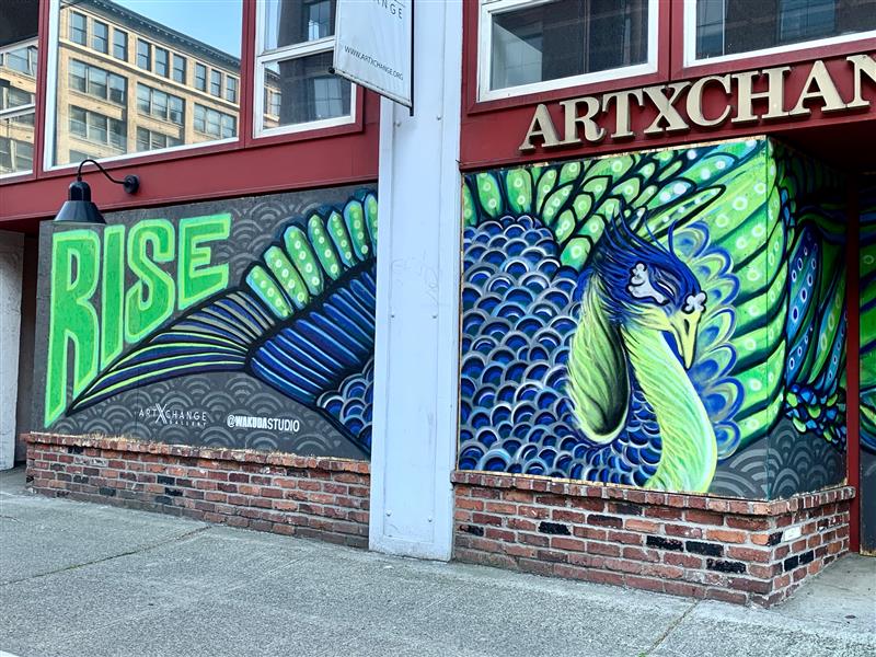 blue and green spraypainted mural on boarded up gallery windows featuring phoenix and the words Rise Again