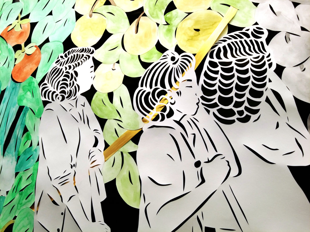 a detail of a cut-paper artwork showcasing several women in white against a painted floral background